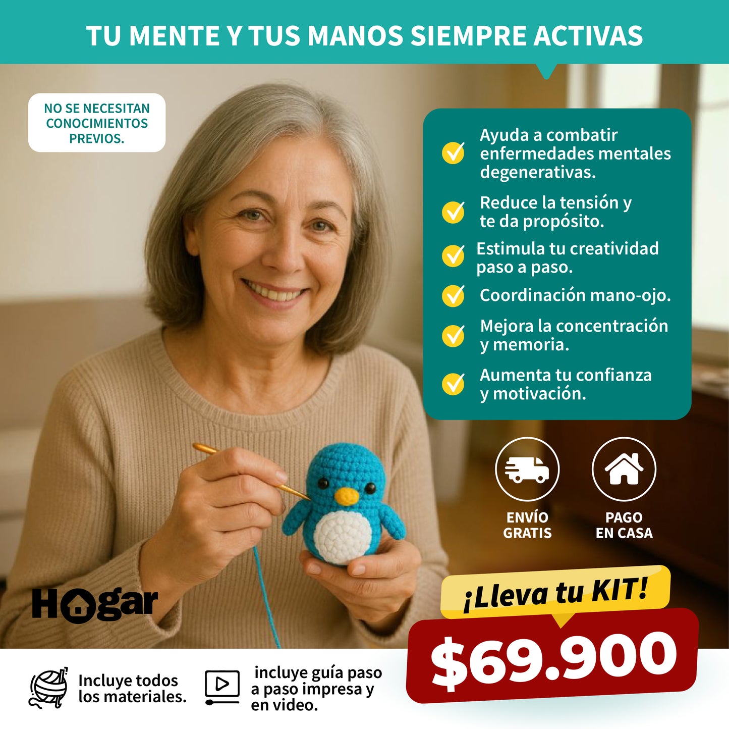 Pingüi™ – Kit de Gimnasia Mental Crochet - MANTÉN TU MENTE Y TU CUERPO SIEMPRE ACTIVOS (incluye paso a paso)
