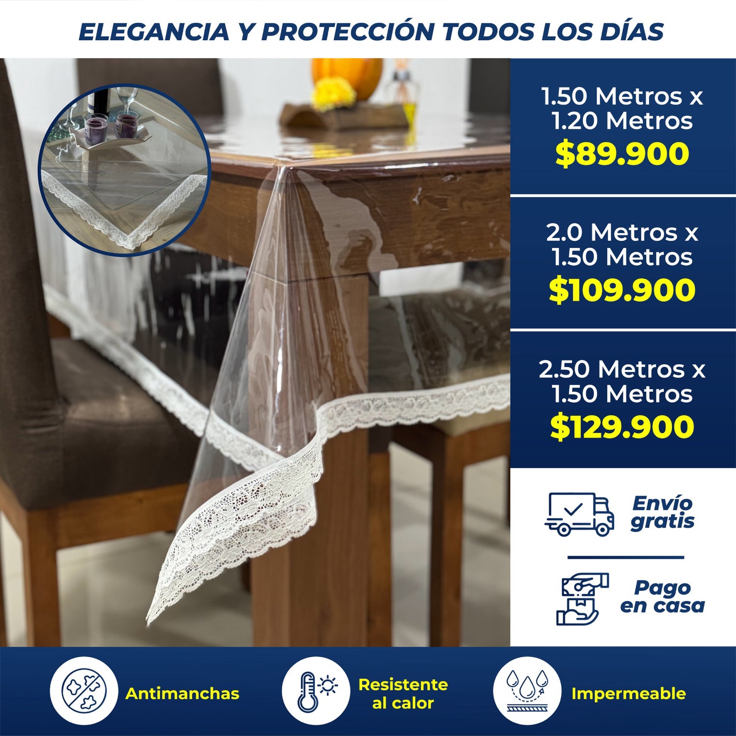 ¡Tu mesa siempre como nueva! Evita rayones, manchas y daños al instante - Mantel con Bordado Europeo de PVC Transparente para protección de comedor