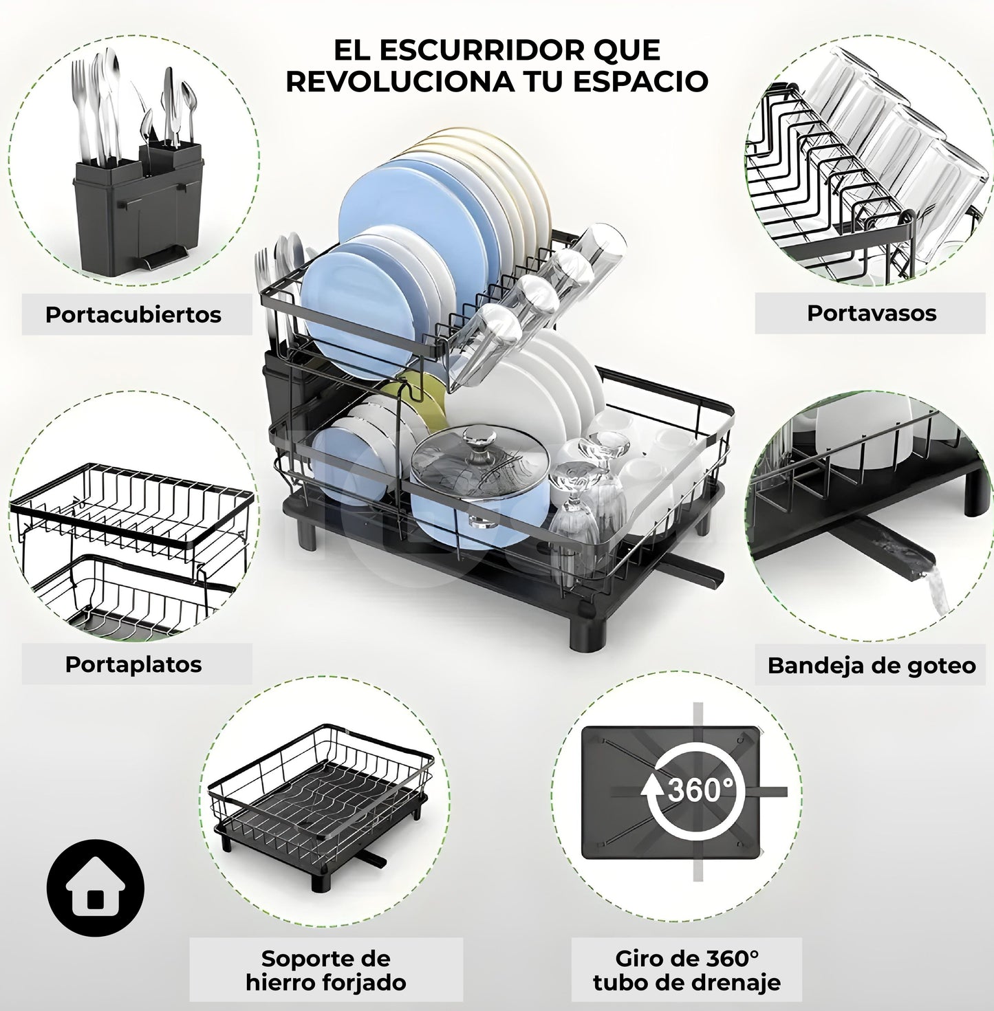 Escurridor Premium de 2 Niveles con Drenaje Automático ¡Aprovecha cada centímetro y libera el mesón de tu cocina al máximo!