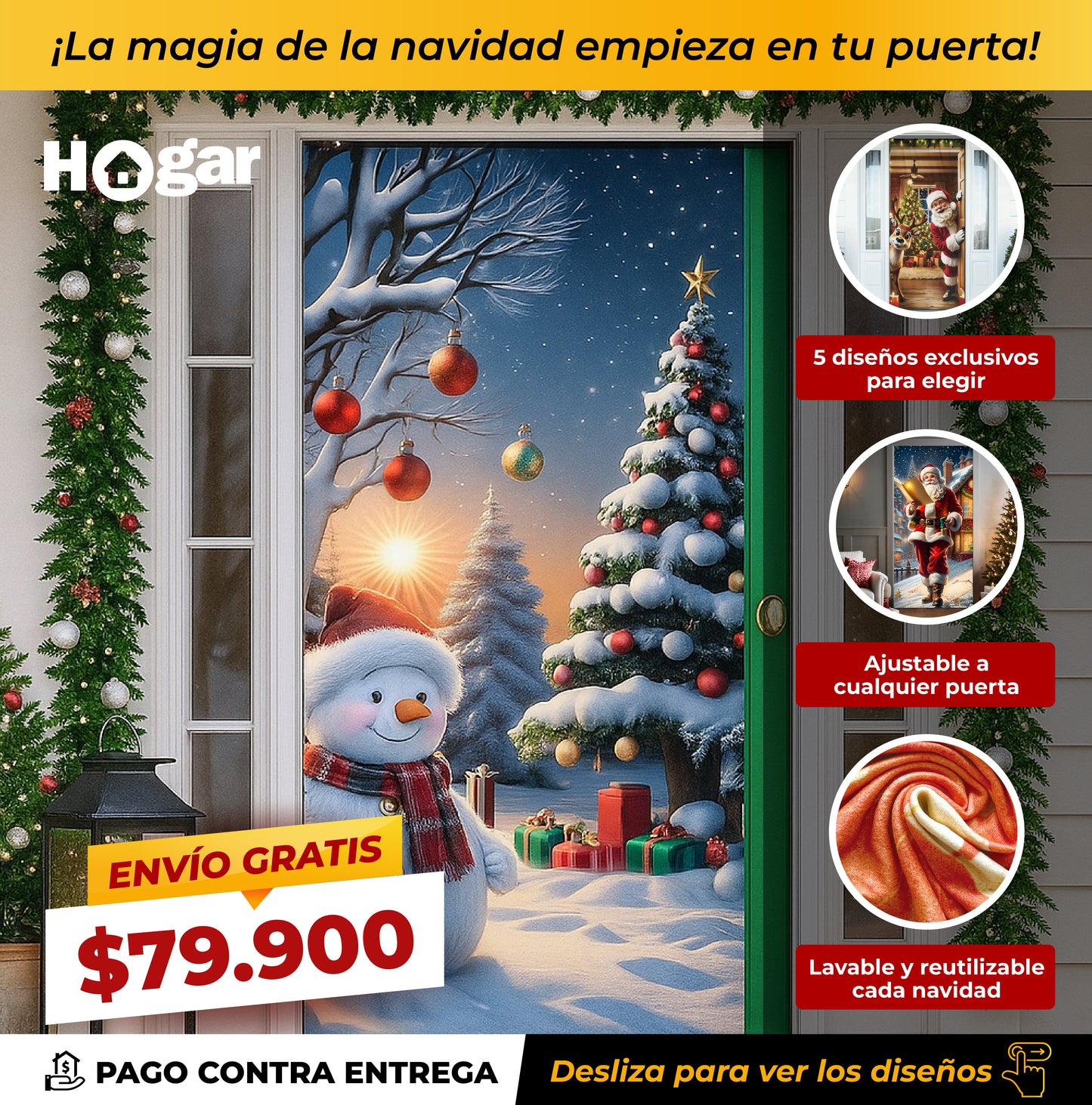 ¡La magia de la Navidad empieza en tu puerta! Decora al instante con nuestras Fundas Navideñas fáciles de poner y reutilizar.