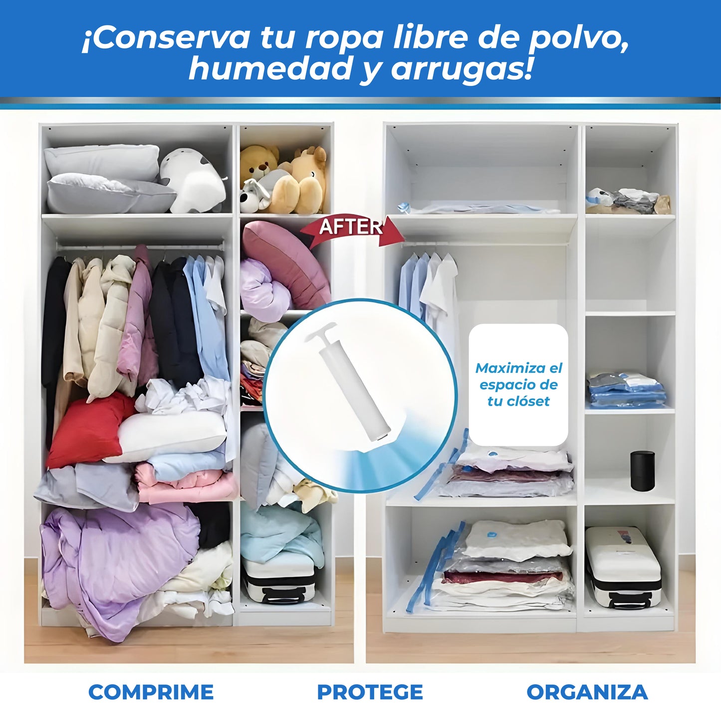 ¡KIT AHORRADOR DE ESPACIO! 5 BOLSAS AL VACÍO REUTILIZABLES + BOMBA DE AIRE