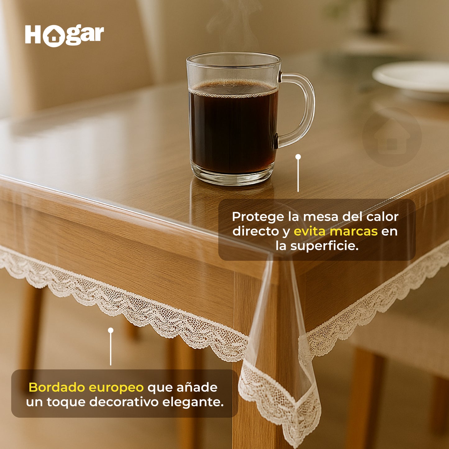 ¡Tu mesa siempre como nueva! Evita rayones, manchas y daños al instante - Mantel con Bordado Europeo de PVC Transparente para protección de comedor
