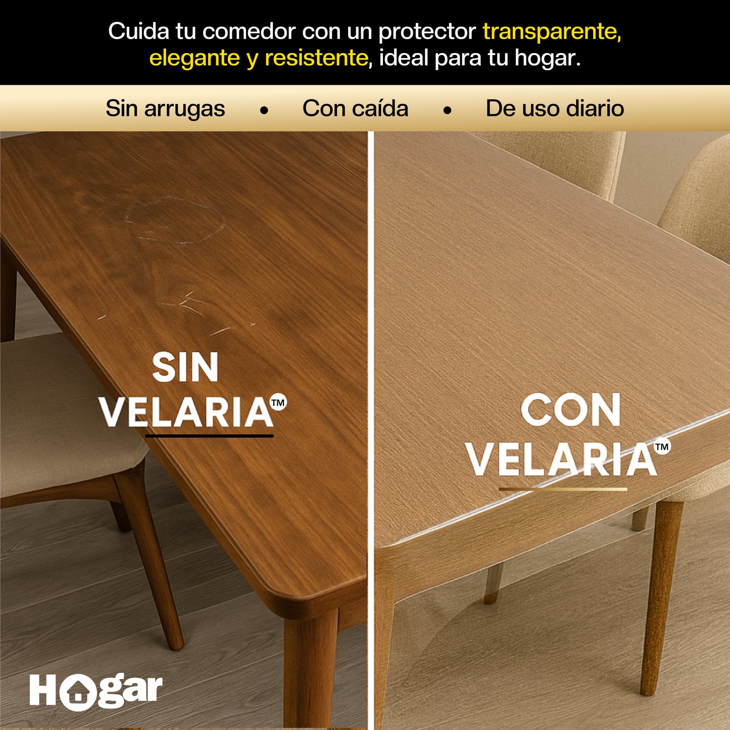 Velaria™ – Protección Invisible para tu Mesa | Evita rayones, manchas y desgaste sin tapar su diseño