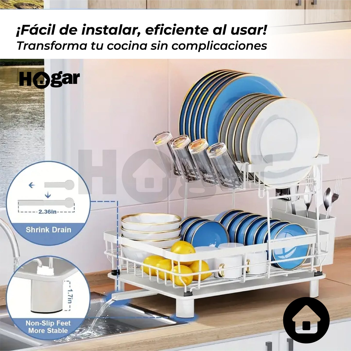 Escurridor Premium de 2 Niveles con Drenaje Automático ¡Aprovecha cada centímetro y libera el mesón de tu cocina al máximo!