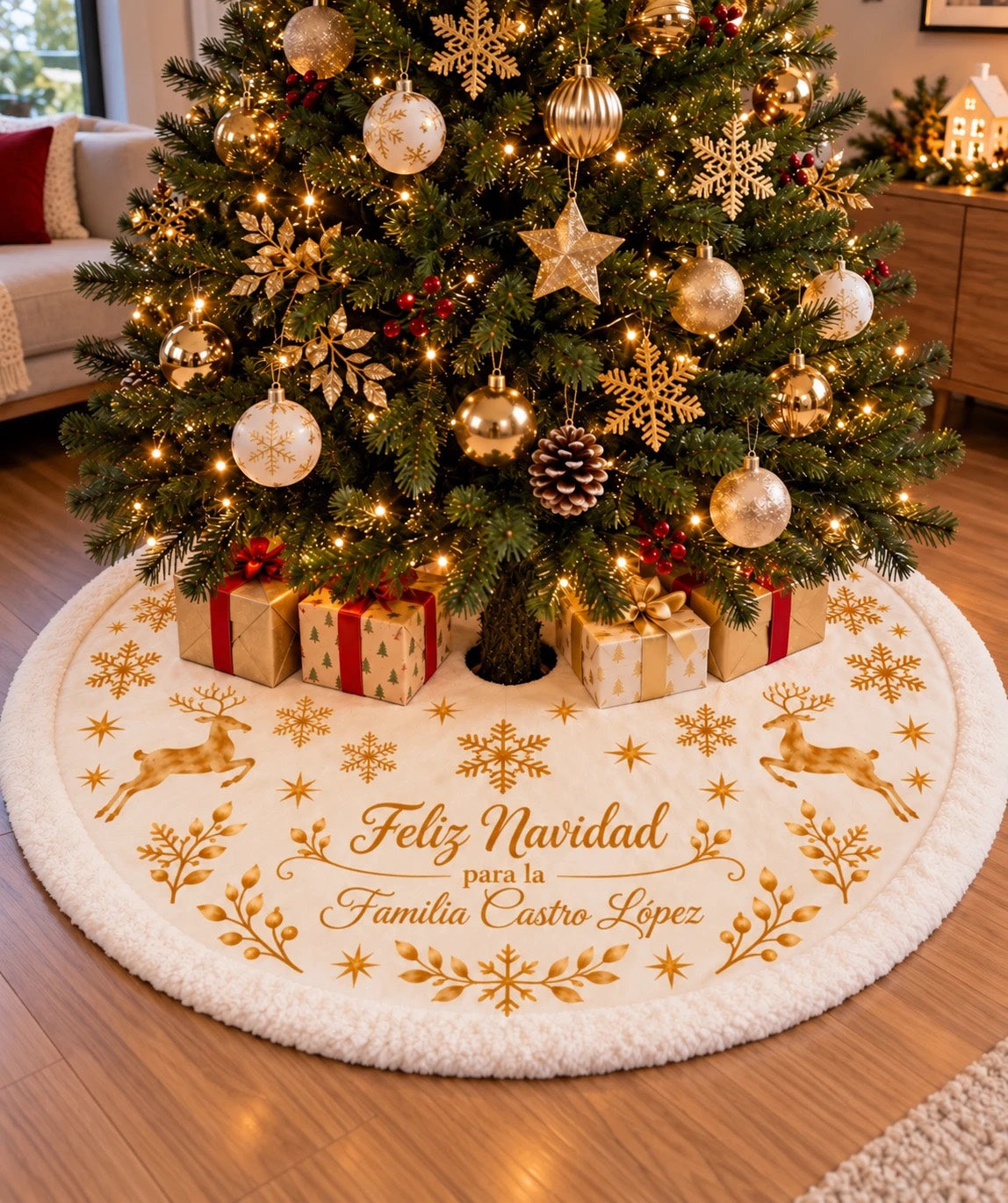 El pie de árbol personalizado debajo de un árbol decorado en blanco y dorado