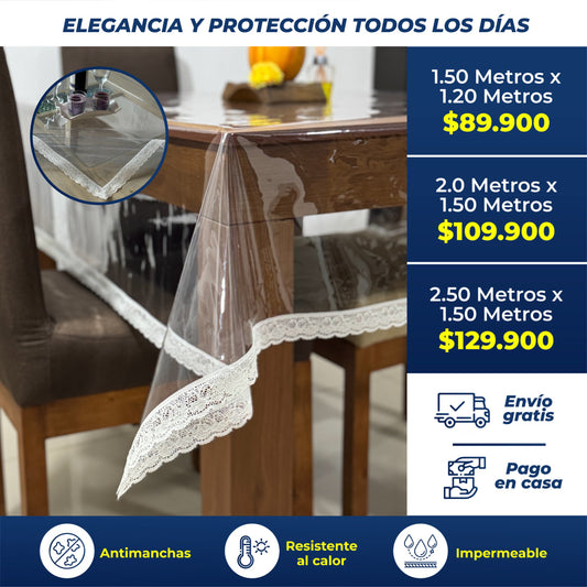 ¡Tu mesa siempre como nueva! Evita rayones, manchas y daños al instante - Mantel con Bordado Europeo de PVC Transparente para protección de comedor