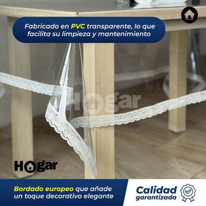 ¡Tu mesa siempre como nueva! Evita rayones, manchas y daños al instante - Mantel con Bordado Europeo de PVC Transparente para protección de comedor