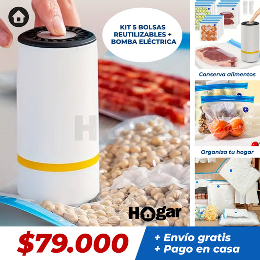 KIT AHORRADOR DE ESPACIO: 5 BOLSAS AL VACÍO REUTILIZABLES + BOMBA ELÉCTRICA