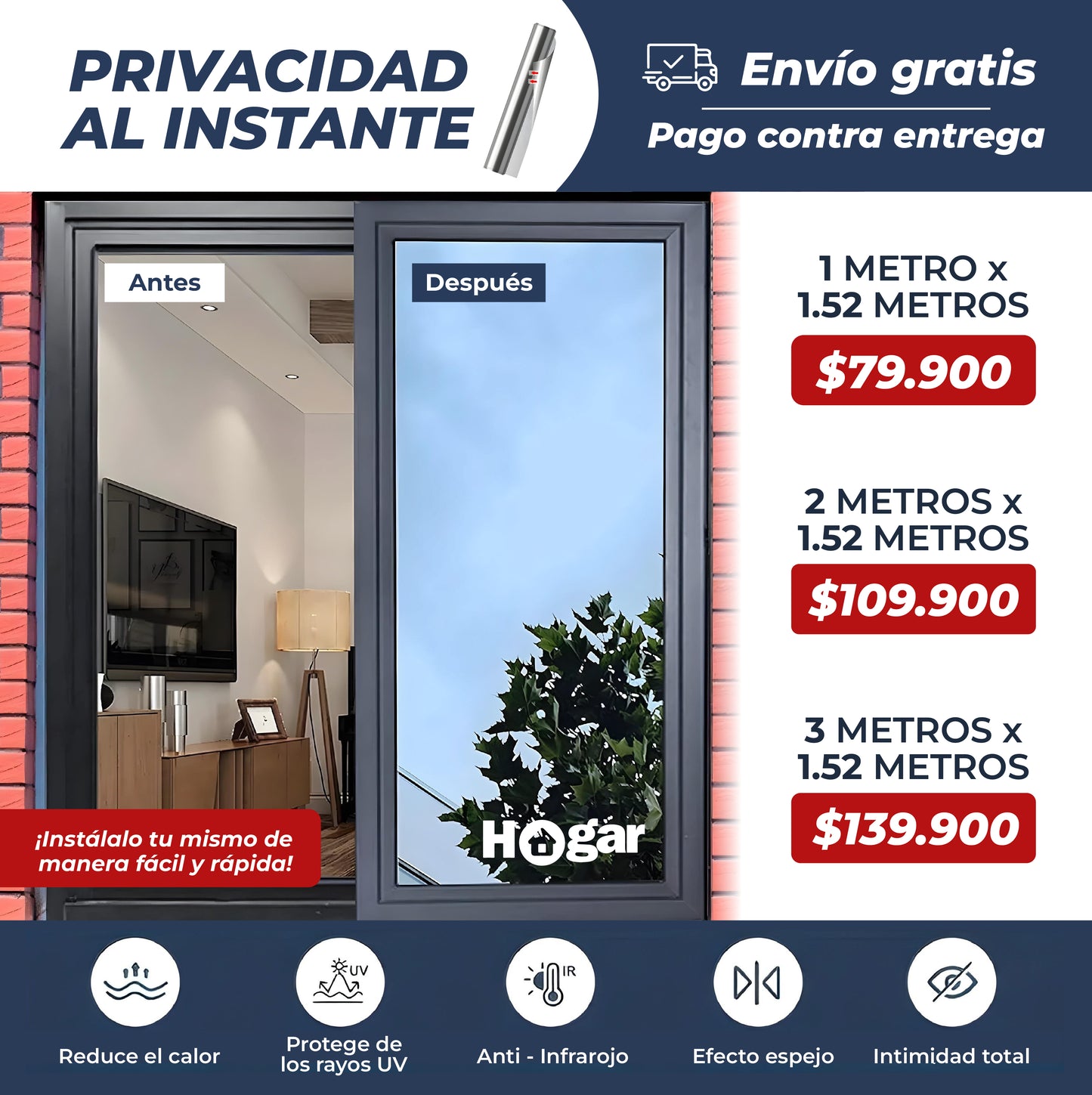 Película Adhesiva de Privacidad con Protección Solar - Sin calor, sin encierro, sin miradas