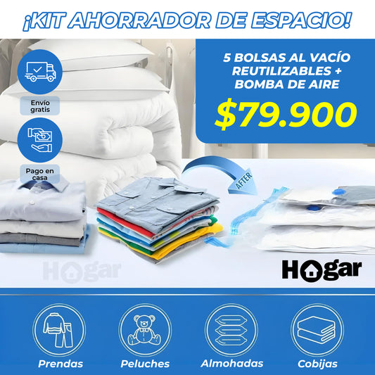 ¡KIT AHORRADOR DE ESPACIO! 5 BOLSAS AL VACÍO REUTILIZABLES + BOMBA DE AIRE