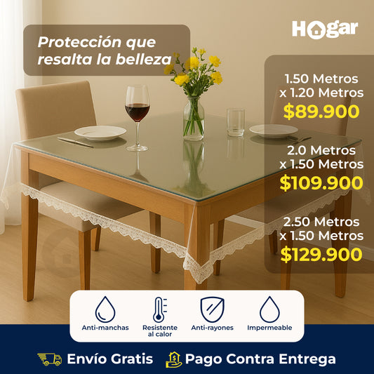 ¡Tu mesa siempre como nueva! Evita rayones, manchas y daños al instante - Mantel con Bordado Europeo de PVC Transparente para protección de comedor