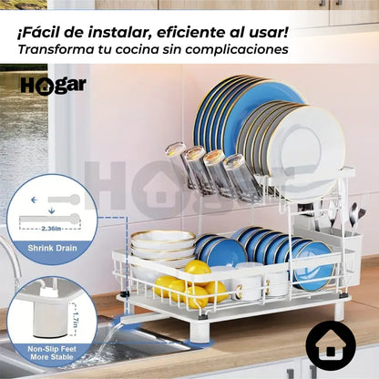 Escurridor Premium de 2 Niveles con Drenaje Automático ¡Aprovecha cada centímetro y libera el mesón de tu cocina al máximo!