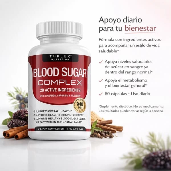 Frasco de Blood Sugar Complex con canela y moras: apoyo diario para tu bienestar