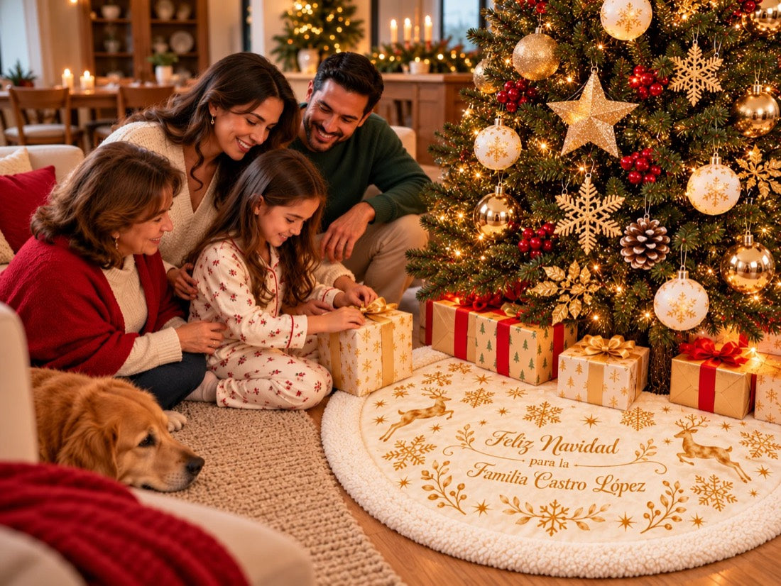 Familia abriendo regalos junto al árbol, con el pie de árbol que dice Feliz Navidad para la Familia Castro López